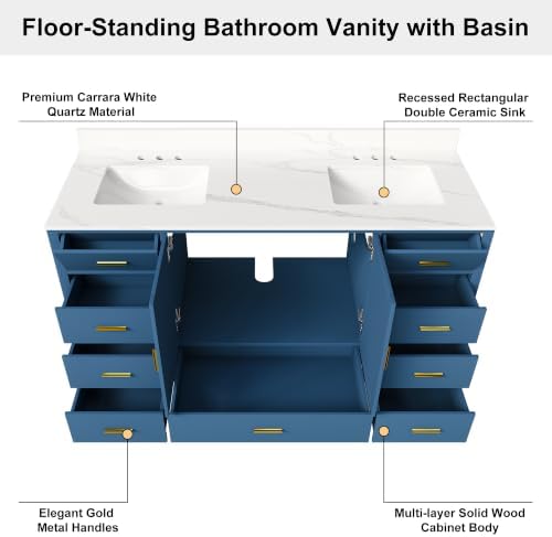 Montary 60" Bathroom Vanity with 2 Sinks & 61" Carrara Quartz Top | with 6 Pre-Drilled Faucet Holes, Solid Wood Cabinet, Soft-Close Double Doors & 9 Smooth-Glide Drawers,Blue