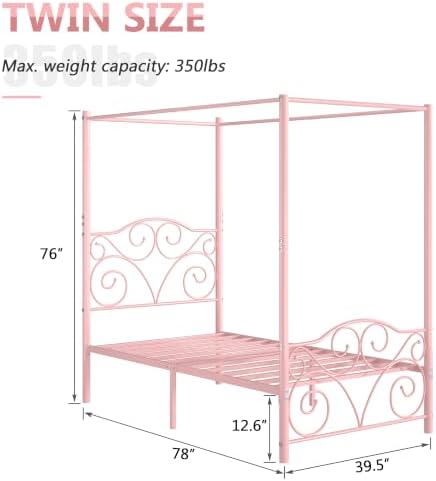 VECELO Metal Canopy Bed Frame Twin Size, 4 Posters Platform Mattress Foundation with Headboard, Heavy Duty Steel Slats Support, No Box Spring Needed, Pink