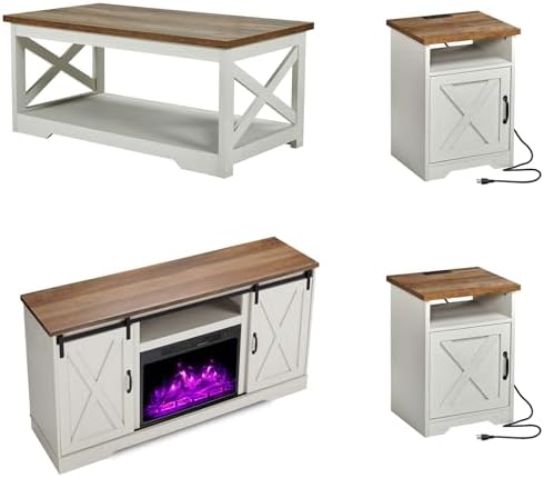AMERLIFE Living Room Furniture Set, 63" White TV Stand with Fireplace