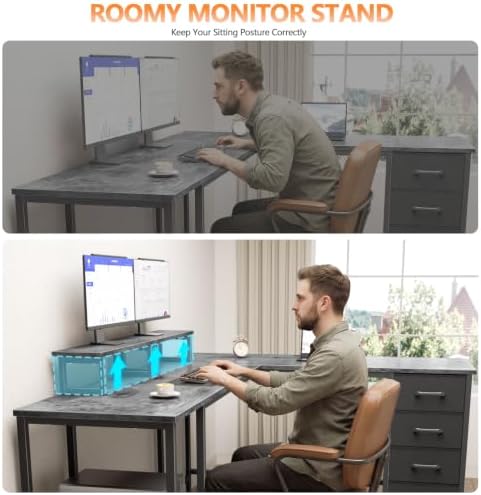 Korfile 66" L Shaped Computer Desk, 94.4'' Home Office Desk with Power Outlets, 4 Adjustable Storage Drawers & 2 Monitor Stands, Large Two Person Gaming Table for Writing Study, Grey