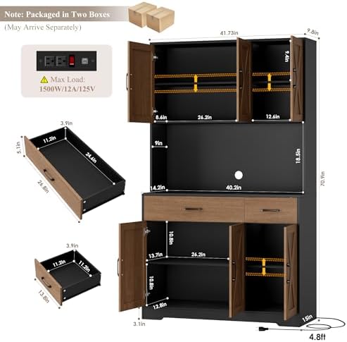 HOSTACK 71"H Kitchen Pantry Storage Cabinet, Farmhouse Hutch Cabinet, Brown