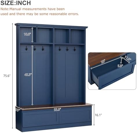 Merax Wood Hall Tree with 6 Hooks & Entryway Bench, Farmhouse Mudroom Versatile Coat Racks with 2 Large Drawers, Entrance Organizer for Hallway, Blue