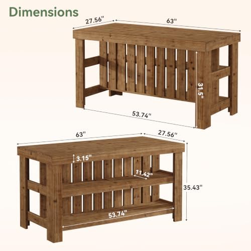 63" Solid Wood Kitchen Island with Storage and Seating, 3-Tier