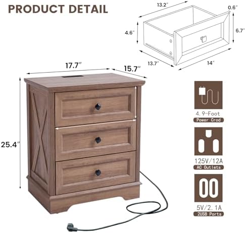 Farmhouse 3 Drawers Dresser, Natural Oak Dresser with Charging Station