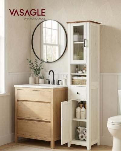 VASAGLE Tall Bathroom Cabinet, Narrow Space Saver, 13 x 12.4 x 67.3 inch | Farmhouse Freestanding Storage Cupboard with Drawer and Doors, Rustic White and Honey Brown, LIRY Collection UBBK660W101S