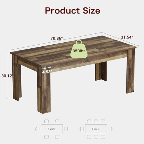 71" Farmhouse Dining Table for 6-8 People, Large Rectangular Kitchen Table, Rustic Wood Dinner Table for Dining Room and Living Room, Sturdy Country Table for 6 to 8, 300 lbs, Rustic Brown