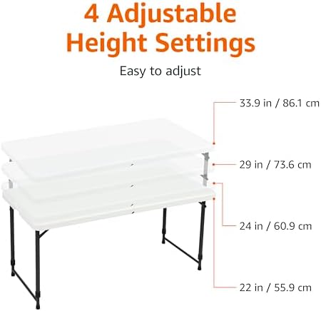 Amazon Basics Portable 4 Foot Rectangular Folding Dining Table, 4 Adjustable Height Settings, Carrying Handle, Indoor & Outdoor, Sturdy for Events, White, 47.8 x 23.9 x 33.9 in