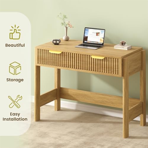 34 Inch Small Fluted Computer Desk with Drawer for Bedroom, Home Office