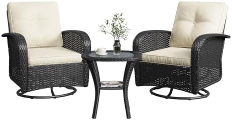 Aoxun 3 Pieces Patio Furniture Set, Patio Swivel Rocker Chairs Set of 2, Wicker Outdoor Bistro Set with Rocking Chair, Thickened Cushions and Table for Porch (Beige)