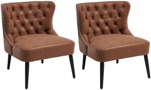 Kmax Accent Chairs Set of 2, Leather Slipper Chairs with Button Tufted Wingback, Armless Living Room Chairs with Nails Modern Side Chairs for Bedroom Reception Small Space - Pu Brown, Black Legs