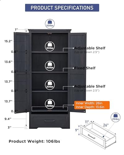 Farmhouse Kitchen Pantry Cabinet - 72" Tall Wood Kitchen Storage Cabinets with Adjustable Shelves & 2 Barn Doors & Drawer, Versatile Storage for Dining Room, Bathroom, Utility Room, Antique Black | Large