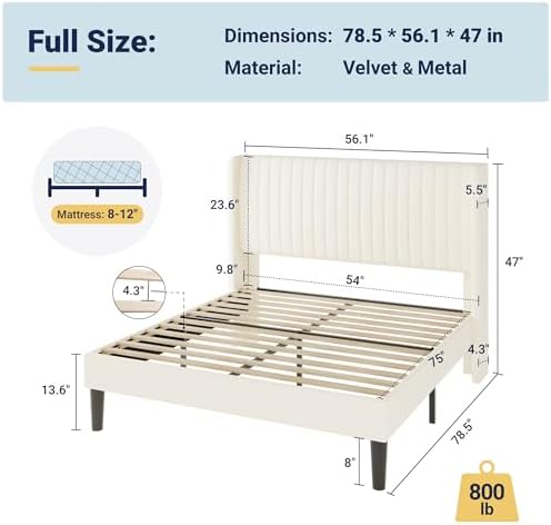 Allewie Full Size Velvet Bed Frame/Vertical Channel Tufted Wingback Headboard/Upholstered Platform Bed/Strong Wooden Slats/No Box Spring Needed/Easy Assembly/Cream White