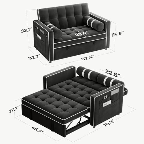 Marsail Futon Sleeper Sofa Bed, Convertible Pull Out Couch, Graphite Black