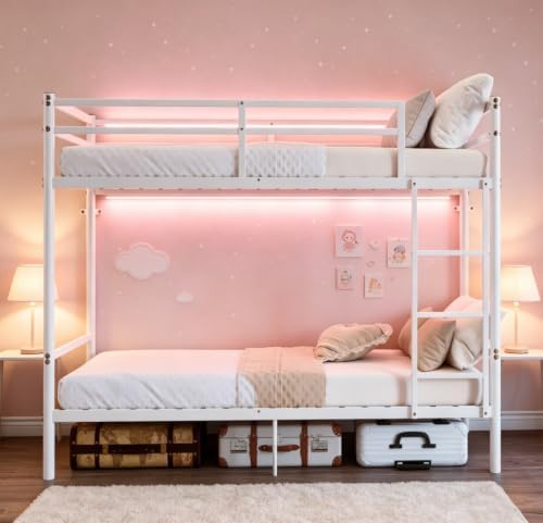 Bellemave Twin Over Twin Bunk Beds, Metal Bunk Bed Frame with Ladder and Full-Length Guardrail for Kids, Adults, White