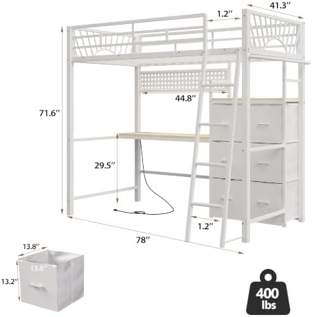 Decofy Twin Loft Bed with Desk and 6 Storage Drawers, Metal Twin Size Loft Beds with Charging Station & LED Lights, Bed Frame with Hanging Rod, Safety Ladder & Guardrail, Bedside Caddy for Kids, Teens