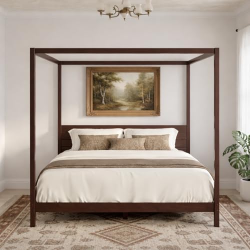 From the Tree Furniture Solid Pine Canopy Bed Frame, King — Walnut Finish