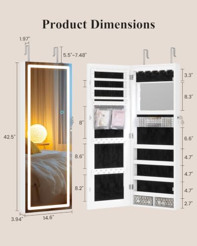 LVSOMT 42.5" Wall Mounted Jewelry Organizer with LED Mirror, White | Lockable Jewelry Cabinet for 30 Ring Slots, 96 Earring and 20 Necklace Hooks, Gift for Women, Girls