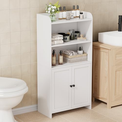 Homhedy Small Bathroom Storage Cabinet, Toilet Paper Storage Cabinet | Bathroom Floor Cabinet with Doors and Shelves, Bathroom Organizers for Small Spaces, 9.8" D x 19.7" W x 39.9" H, White