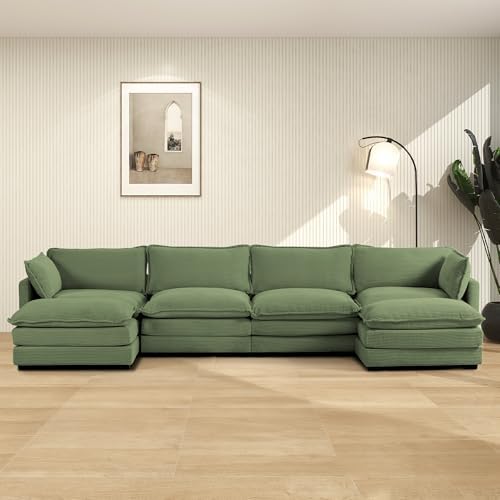 ROWHY 148'' Modular Sectional Cloud Couch with 2 Movable Ottomans, Oversized 6 Seat Modern Corduroy Sofas, Deep Seat U Shaped Couch for Living Room Bedroom Apartment,Green
