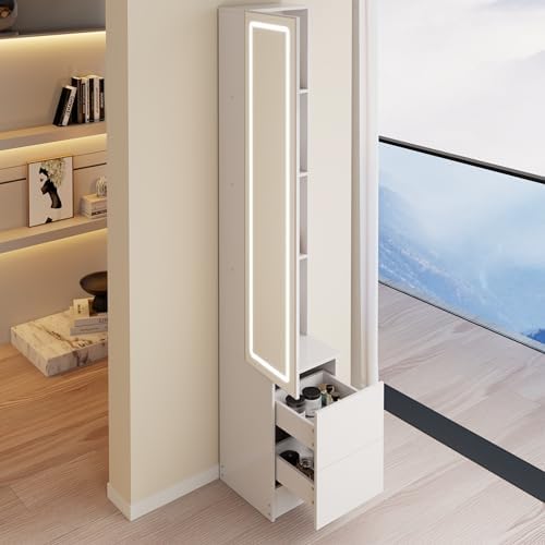 LED Full Length Mirror Jewelry Cabinet with Storage, 3 Color Adjustable Lighting Dressing Mirror Armoire, Large Standing Vanity Mirror Organizer Cabinet for Makeup & Jewelry Storage (White)
