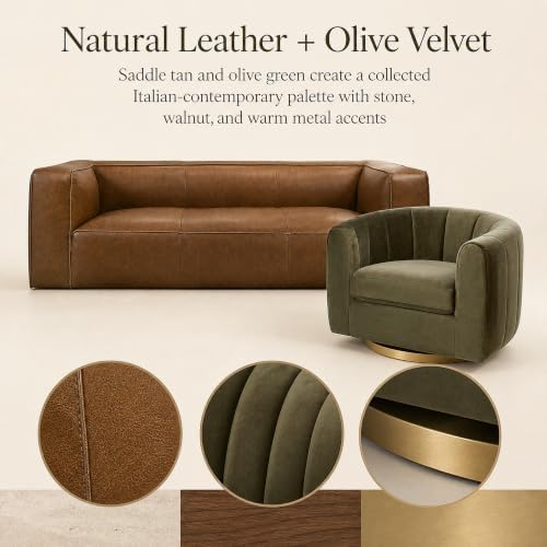 2-Piece Living Room Set, Genuine Leather Sofa + Swivel Chair