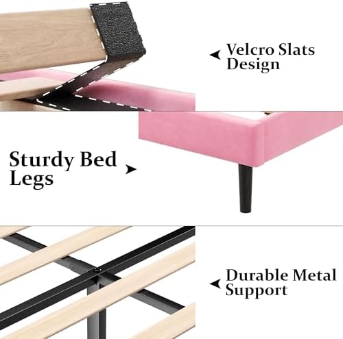 Gruwans Twin Size Bed Frames with Wingback Headboard Easy Assemnly Platform Bedframe, Sturdy Wooden Slat Support No Box Spring Needed, Pink Velvet