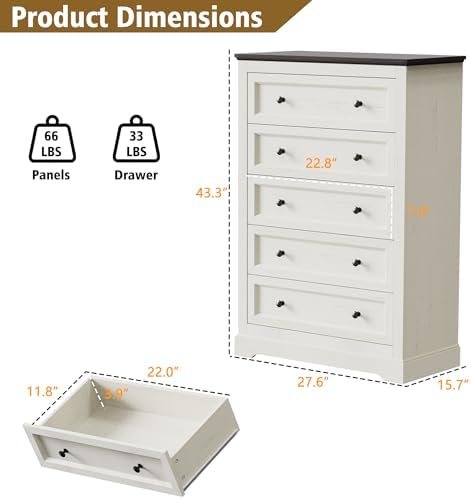 LOUVIXA Farmhouse Bedroom Sets of 4, Including 9 Drawer Dresser, 5 Drawer Dressers and Nightstand Set of 2 with Charging Station (Off White-Brown)