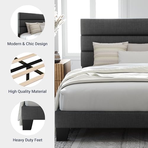 Allewie Full Size Platform Bed Frame with Fabric Upholstered Headboard Gray