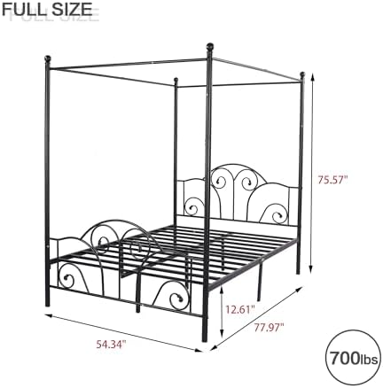 Full Size Four-Poster Metal Canopy Bed Frame,Black