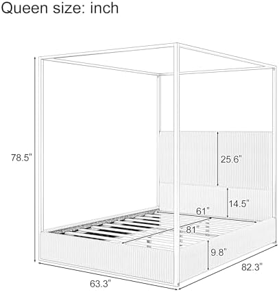 LUMISOL Queen Size Upholstered Canopy Bed, 4-Poster Platform Bed with Tall Headboard, Corduroy Canopy Bed with Metal Posts & Wood Slats Support, No Box Spring Needed, Black + White