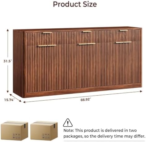 Evermagin 67" Fluted Walnut Sideboard Buffet Cabinet with 3 Drawers