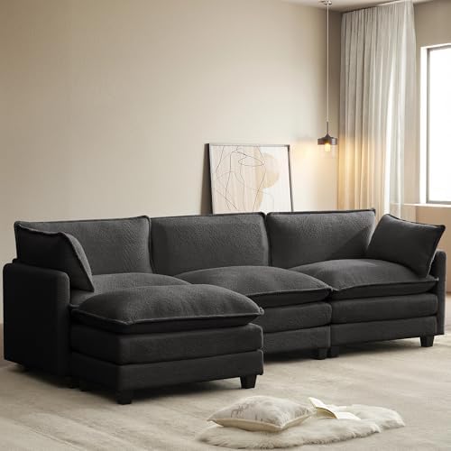 ROWHY 112'' Modular Sectional Cloud Couch with Movable Ottoman, 4 Seat Modern Chenille Sofa, Deep Seat L Shaped Couch for Living Room Bedroom Apartment, Grey