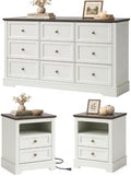 LOUVIXA Farmhouse Bedroom Sets of 3, Including 9 Drawer Dresser, Nightstand Set of 2 with Charging Station (Off White Sets)