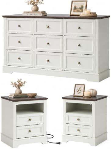 LOUVIXA Farmhouse Bedroom Sets of 3, Including 9 Drawer Dresser, Nightstand Set of 2 with Charging Station (Off White Sets)