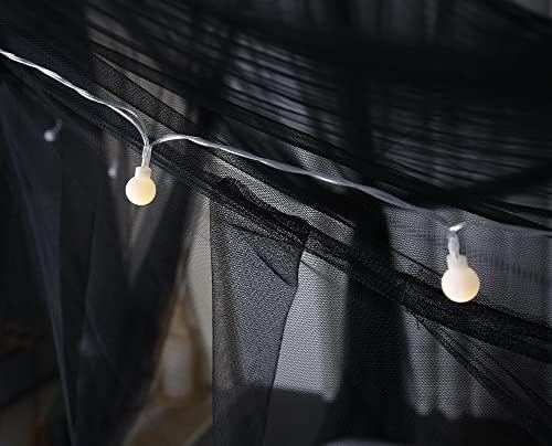 Mengersi Canopy Bed Curtains with Lights,Elegant Bed Canopy Curtains Bed Netting for Full Queen King Size Bed,Halloween Decoration,Gothic Black Room Decor Aesthetic