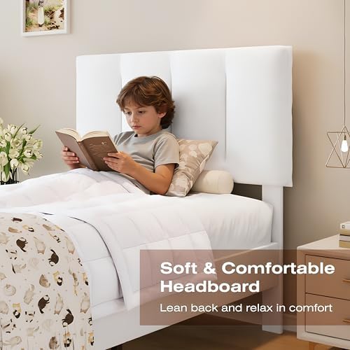 VECELO Twin Size Bed Frame with Upholstered Headboard, Pure White