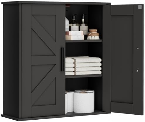 Homleke Bathroom Wall Cabinet, Medicine Cabinet with Adjustable Shelves | 3-Tier Wall Mounted Over Toilet Storage with Barn Doors, for Bathroom, Kitchen, Entryway, Laundry Room, Black, (7.9" D)