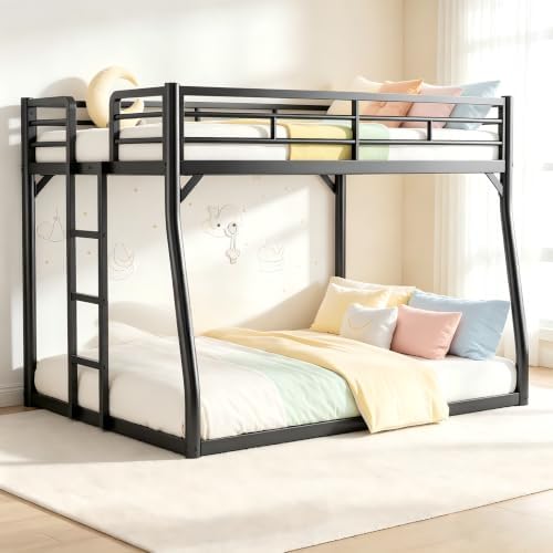 PVWIIK Metal Full XL Over Queen Bunk Bed w/Ladder and Safety Guardrail for Kids Teens Adults,Heavy-Duty Sturdy Bunk Bed,No Box Spring Needed,Black