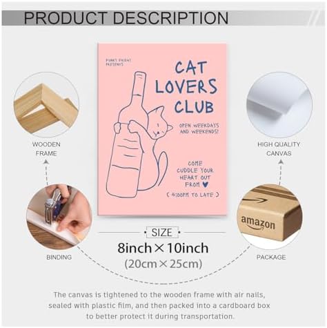 Cute Cat Alcohol Bottle Wall Art Funky Pink and Blue Aesthetic Poster 08x10 inch Framed Cat Lovers Club Canvas Prints Bar Cart Wall Decor for Home Bar Kitchen Bedroom