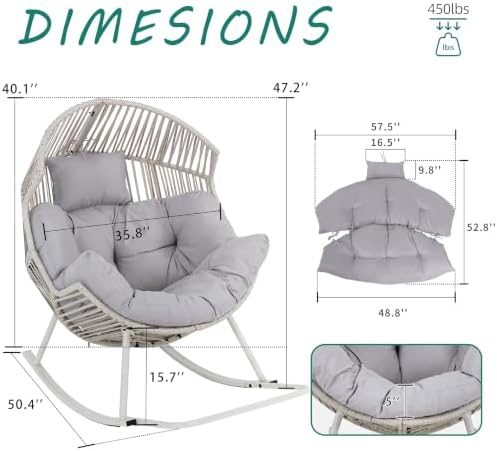 Shintenchi Egg Chair Outdoor, Oversized Outdoor Indoor Wicker Rocking Chair, Large PE Rattan Egg Rocking Chair with Cushion for Patio, Balcony, Backyard, Garden, Light Gray