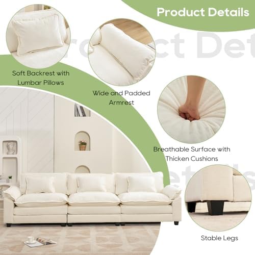 Oprisen 120" Modular Sectional Sofa, Comfy 3 Seater Deep Cloud Couch