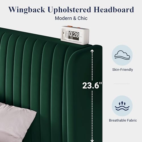 Allewie King Size Bed Frame/Velvet Upholstered Platform Bed/Vertical Channel Tufted Wingback Headboard/Strong Wooden Slats/No Box Spring Needed/Easy Assembly/Green