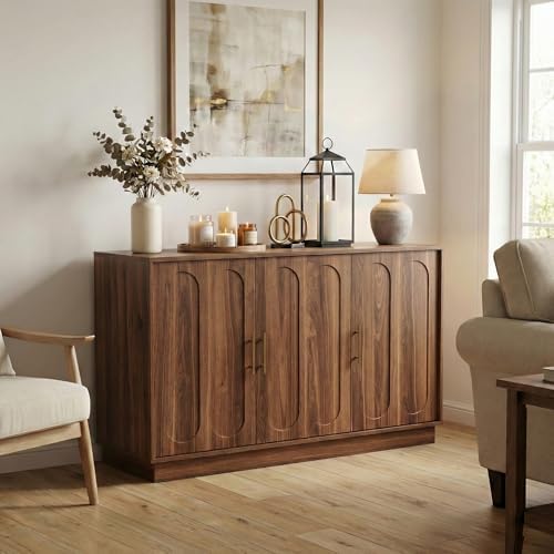 holzart 46.6" Modern Farmhouse 3 Door Storage Cabinet, Rustic Brown Sideboard Buffet with Gold Handles, Large Fluted Wood Credenza for Dining Room, Living Room, Coffee Bar