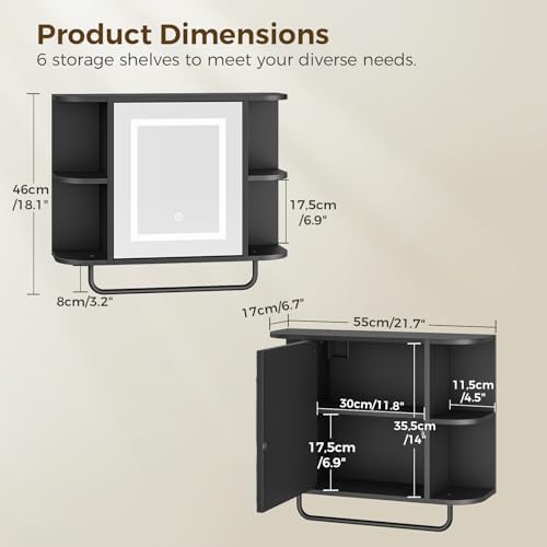 MAHANCRIS Bathroom Wall Cabinet with Mirror, Mirrored Medicine Cabinet with LED Light and Open Shelves, Wall Mounted Over Toilet Storage Cabinets with Adjustable Shelf, 21.7"L x 6.7"W x 18.1"H, Black
