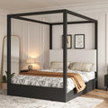 Queen Size Canopy Bed with Upholstered Headboard (Black)