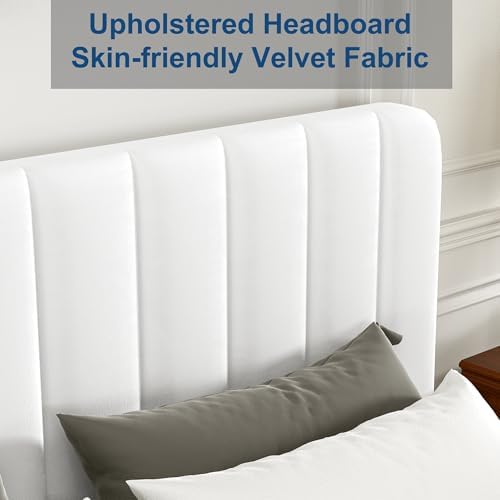 VECELO Queen Size Upholstered Bed Frame with 4 Drawers and Headboard, Velvet Platform Storage Bedframe, Wooden Slats Support, No Box Spring Needed,White