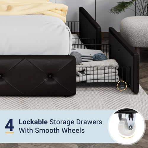 Allewie Queen Size Storage Bed Frame with 4 Underbed Drawers, Upholstered Platform Bed with Adjustable Headboard, Diamond Button Tufted, Easy Assembly, Noise-Free, No Box Spring Needed, Brown