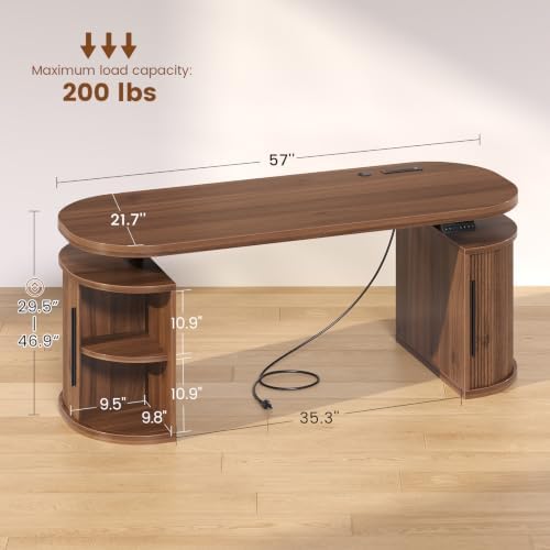 SEDETA 57" Standing Desk with Storage, Electric Height Adjustable Executive Fluted Desk with Curved Cabinets, Computer Desk with Power Strip for Home Office, Brown