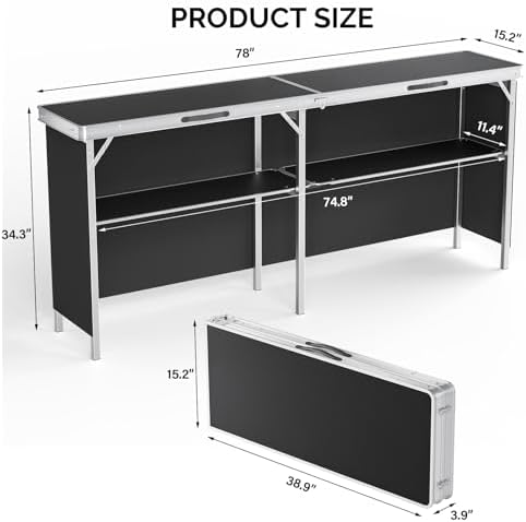 VINGLI 78" Portable Bar Table, 2-Tier Shelves, Mobile Bar Table for Events, Party, Camping, Picnic, Tradeshow, Indoor with Black Skirt (1, 78")