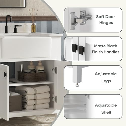 30 Inch Farmhouse Bathroom Vanity with Sink, White | Bathroom Sink Cabinet with Soft Close Doors, Solid Wood Single Sink Bathroom Vanity with Adjustable Feet, Apron Farm Sink